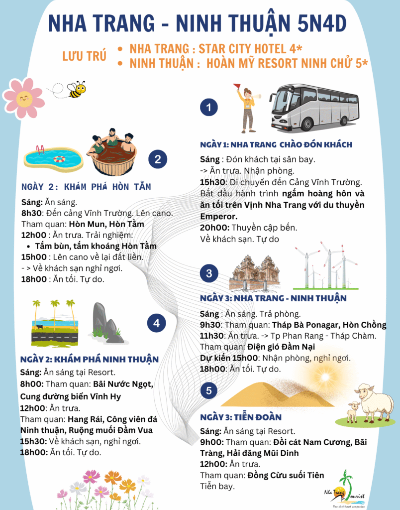 Lịch trình chi tiết Tour Nha Trang Ninh Thuận 5N4Đ: Từ Biển Nha Trang Đến Nắng Gió Ninh Thuận