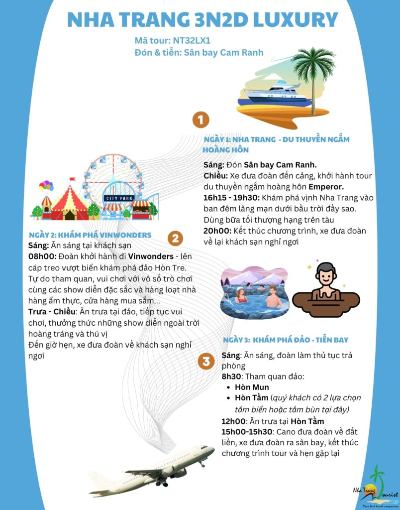 Lịch trình chi tiết Tour Nha Trang 3N2Đ: Du thuyền ngắm hoàng hôn - VinWonders - Hòn Mun - Hòn Tằm (tắm bùn/tắm biển)