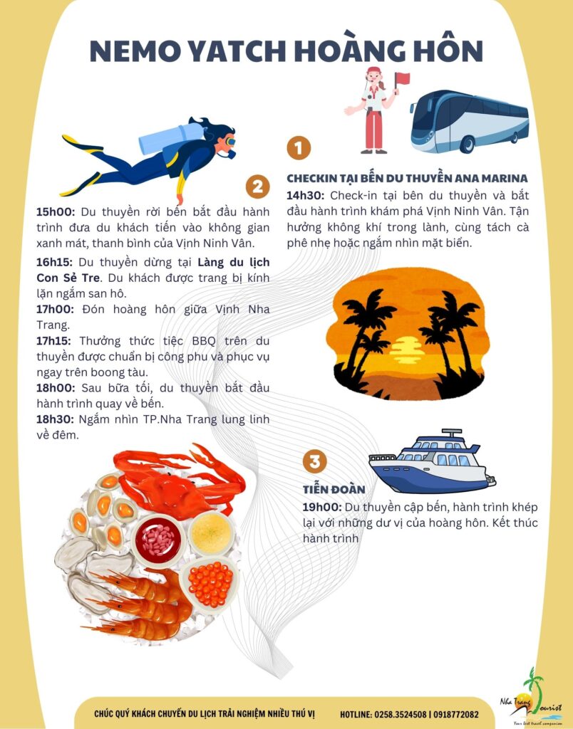 Lịch trình Tour du thuyền Nemo Yatch ngắm hoàng hôn vịnh Nha Trang